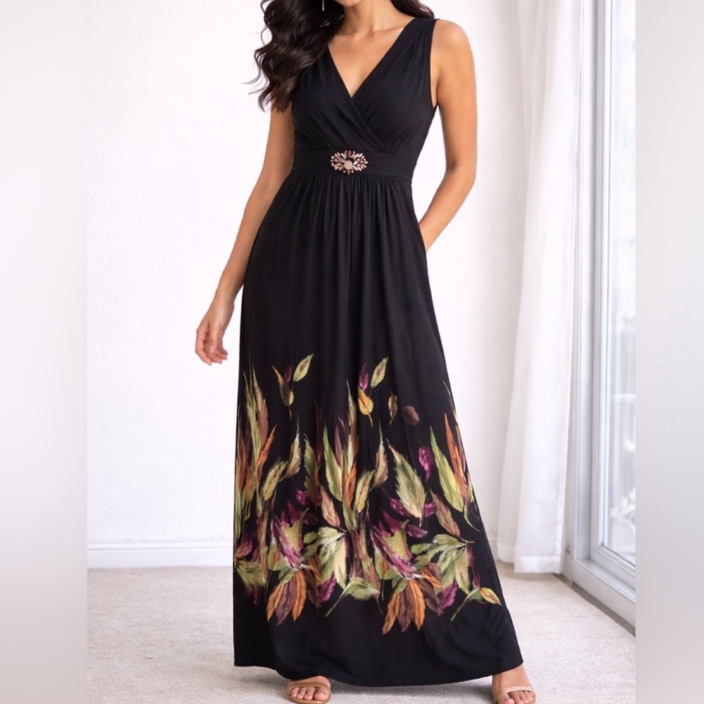 Black Maxi Dress Beaded Empire Waist Leaf Border Print Size M